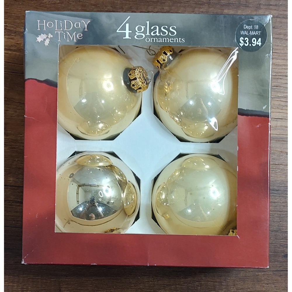 Holiday Time 3 Inch Glass Ball Gold Ornaments Lot Of 4 Made In USA O25